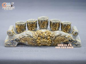 Kỷ ngai 5 chén men rạn đắp nổi Rồng vẽ vàng 24k