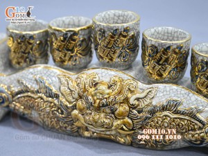 Kỷ ngai 5 chén men rạn đắp nổi Rồng vẽ vàng 24k