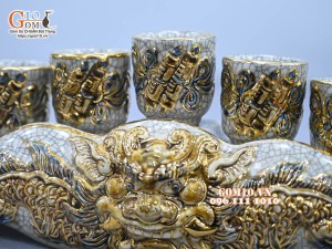 Kỷ ngai 5 chén men rạn đắp nổi Rồng vẽ vàng 24k