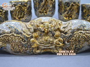 Kỷ ngai 5 chén men rạn đắp nổi Rồng vẽ vàng 24k
