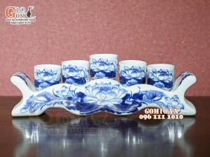 Kỷ ngai 5 chén men lam cổ vẽ Sen Cát Tường