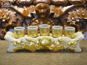 Kỷ ngai 5 men rạn đắp nổi hoa Sen Cát Tường dát vàng 24k