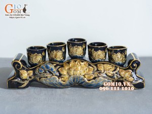 Kỷ ngai 5 Xanh coban đắp nổi Sen - vẽ vàng 24k