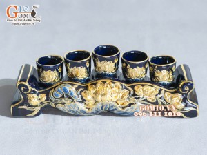 Kỷ ngai 5 Xanh coban đắp nổi Sen - vẽ vàng 24k