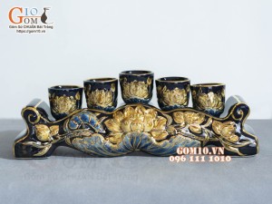 Kỷ ngai 5 Xanh coban đắp nổi Sen - vẽ vàng 24k