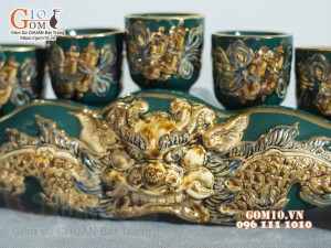 Kỷ ngai 5 Xanh lục bảo đắp nổi Rồng - vẽ vàng 24k