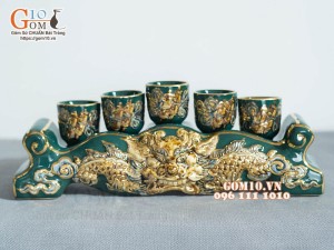 Kỷ ngai 5 Xanh lục bảo đắp nổi Rồng - vẽ vàng 24k