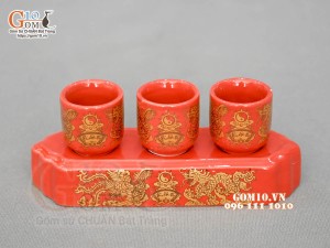 Kỷ thẳng 3 chén họa tiết Rồng Phúc - Lộc - Thọ vàng kim men đỏ