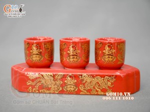 Kỷ thẳng 3 chén họa tiết Rồng Phúc - Lộc - Thọ vàng kim men đỏ