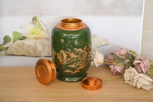Lọ chè cao men màu xanh lục bảo họa tiết Mã Đáo Thành Công vàng kim, cao 20cm