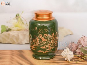 Lọ chè cao men màu xanh lục bảo họa tiết Mã Đáo Thành Công vàng kim, cao 20cm