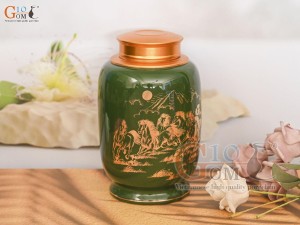 Lọ chè cao men màu xanh lục bảo họa tiết Mã Đáo Thành Công vàng kim, cao 20cm