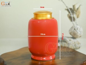 Lọ chè dáng béo họa tiết hoa Sen vàng kim, nền đỏ, 300g
