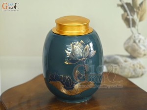 Lọ chè dáng béo họa tiết hoa Sen vàng kim, nền xanh dương, 300g