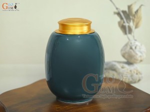 Lọ chè dáng béo họa tiết hoa Sen vàng kim, nền xanh dương, 300g