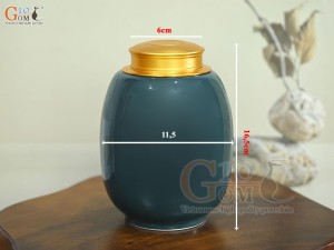 Lọ chè dáng béo họa tiết hoa Sen vàng kim, nền xanh dương, 300g