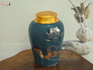 Lọ chè dáng chân thon họa tiết hoa Sen vàng kim, nền xanh, 270g