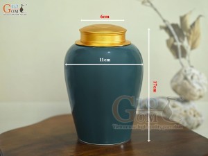 Lọ chè dáng chân thon họa tiết hoa Sen vàng kim, nền xanh, 270g