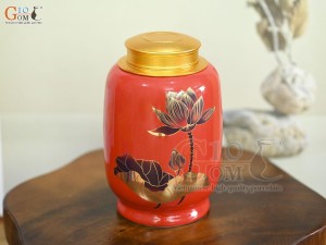 Lọ chè dáng đứng họa tiết hoa Sen vàng kim, nền đỏ, 300g