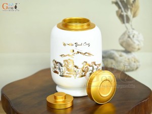 Lọ chè dáng đứng họa tiết Mã Đáo Thành Công vàng kim, nền trắng, 300g
