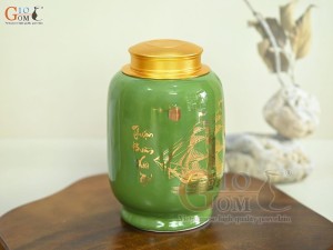 Lọ chè dáng đứng họa tiết Thuận Buồm Xuôi Gió vàng kim, nền xanh lá, 300g
