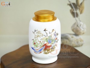 Lọ chè dáng đứng họa tiết Vinh Hoa Phú Quý vàng kim, nền trắng, 300g