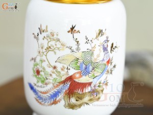 Lọ chè dáng đứng họa tiết Vinh Hoa Phú Quý vàng kim, nền trắng, 300g