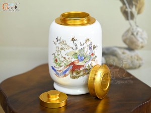 Lọ chè dáng đứng họa tiết Vinh Hoa Phú Quý vàng kim, nền trắng, 300g