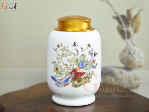 Lọ chè dáng đứng họa tiết Vinh Hoa Phú Quý vàng kim, nền trắng, 300g Lọ chè dáng đứng họa tiết Vinh Hoa Phú Quý vàng kim, nền trắng, 300g