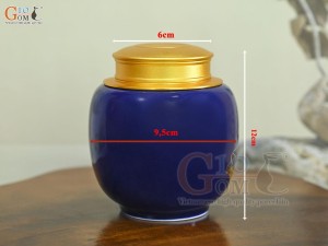 Lọ chè dáng thấp họa tiết hoa Sen vàng kim, nền xanh coban, 150g