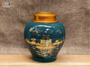 Lọ chè dáng tròn họa tiết Hồ Hoàn Kiếm  vàng kim nền xanh, 250g