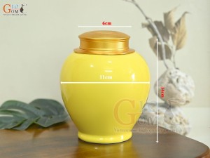 Lọ chè dáng tròn họa tiết hoa Sen vàng kim, nền vàng, 250g