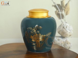 Lọ chè dáng tròn họa tiết Thuận Buồm Xuôi Gió vàng kim, nền xanh dương, 250g Lọ chè dáng tròn họa tiết Thuận Buồm Xuôi Gió vàng kim, nền xanh dương, 250g