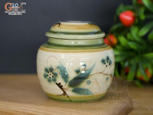 Lọ chè dáng tròn men vuốt vẽ tre xanh