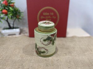 Lọ chè dáng trụ men vuốt vẽ hoa phù dung cao 13cm