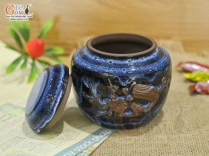 Lọ chè hỏa biến thanh điểu cốt gốm khắc hoa