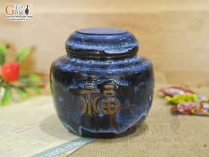 Lọ chè hỏa biến thanh điểu cốt gốm khắc hoa