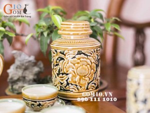 Lọ chè khắc nổi hoa phù dung 