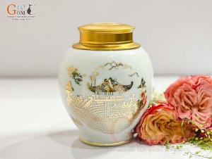 Lọ chè men màu trắng họa tiết Chùa Một Cột vàng kim, cao 15cm