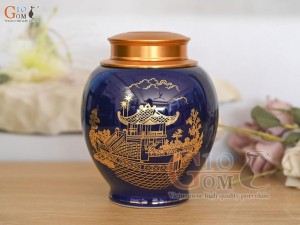 Lọ chè men màu xanh coban họa tiết Chùa Một Cột vàng kim, cao 15cm