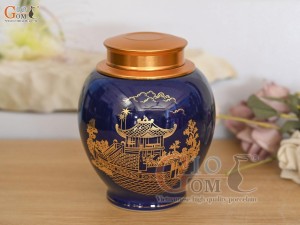 Lọ chè men màu xanh coban họa tiết Chùa Một Cột vàng kim, cao 15cm