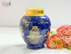 Lọ chè men màu xanh coban họa tiết Tháp Rùa vàng kim, cao 15cm