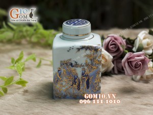 Lọ chè men lam cổ họa tiết Trúc Lâm Thất Hiền vẽ vàng 24k