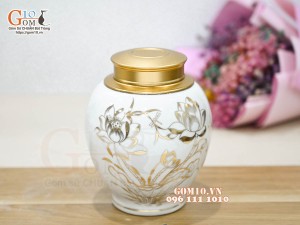 Lọ chè men trắng họa tiết Sen, cao 15cm
