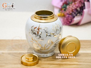 Lọ chè men trắng họa tiết Sen, cao 15cm