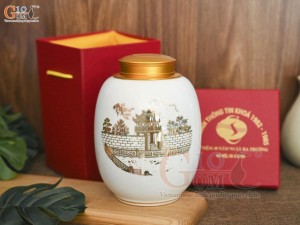 Lọ chè men trắng nắp kim loại dáng bom, họa tiết Khuê Văn Các in logo
