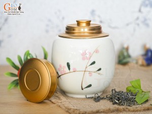 Lọ chè tròn cao men kem vẽ Đào phai cao 12,5cm
