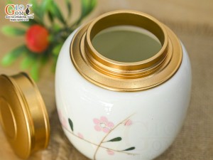 Lọ chè tròn cao men kem vẽ Đào phai cao 12,5cm