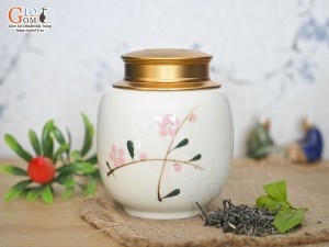 Lọ chè tròn cao men kem vẽ Đào phai cao 12,5cm