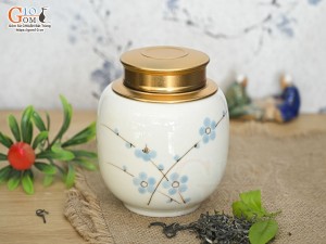 Lọ chè tròn cao men kem vẽ Đào xanh cao 12,5cm